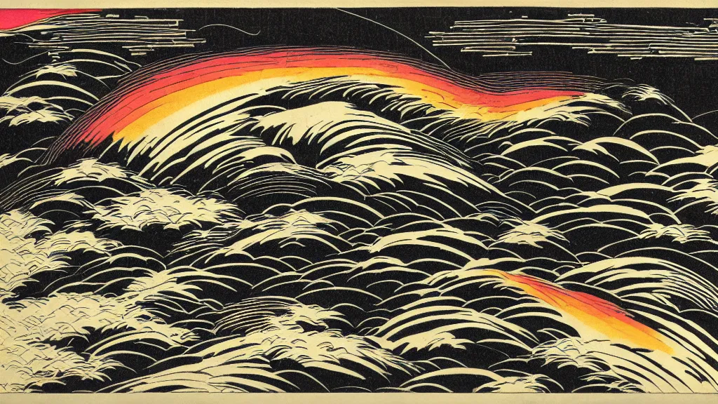 Image similar to japanese woodblock print of twisting rainbow in black sky. trending on artstation.