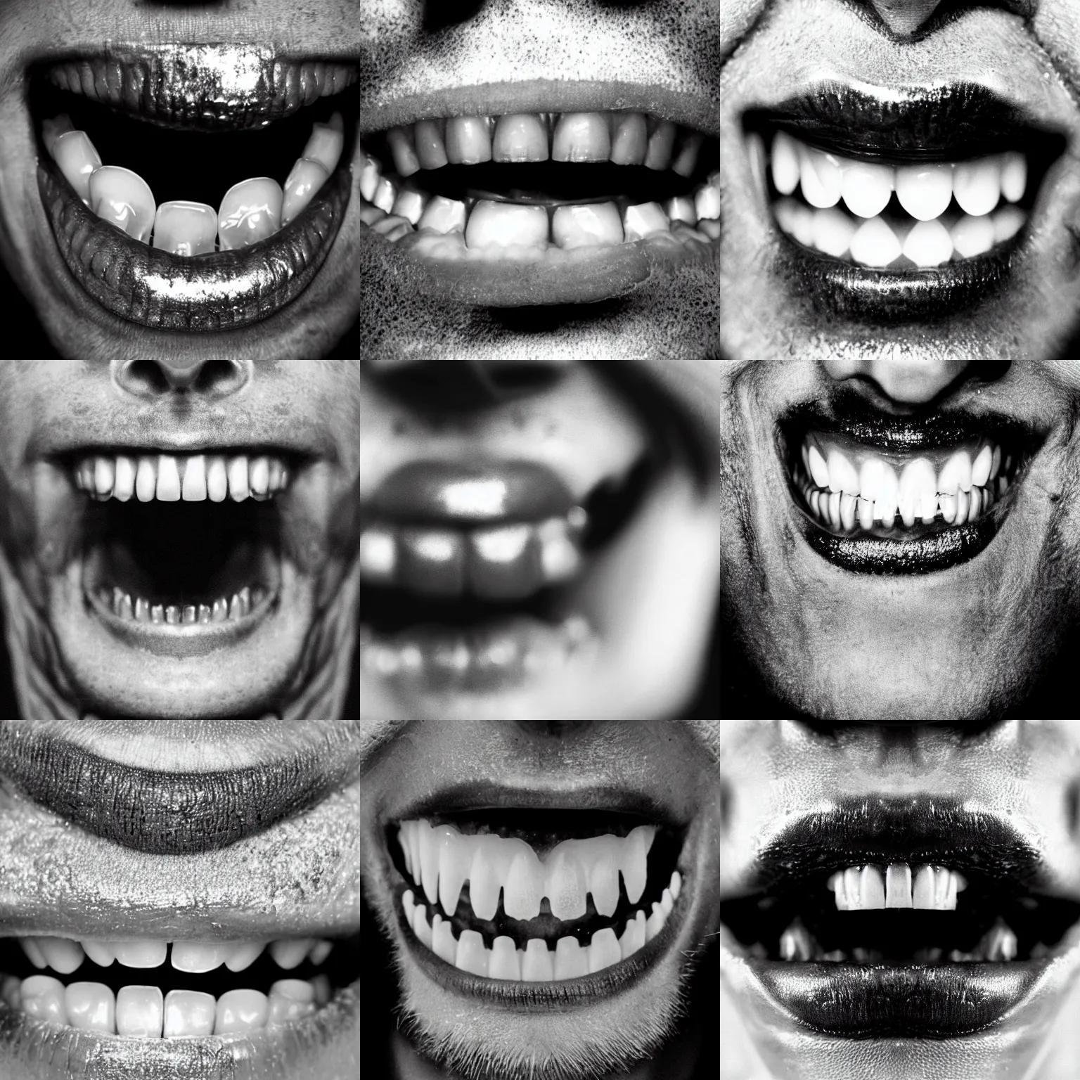 Prompt: close up man's mouth with metallic teeth, gritty grainy black and white expired film photograph, experimental album artwork