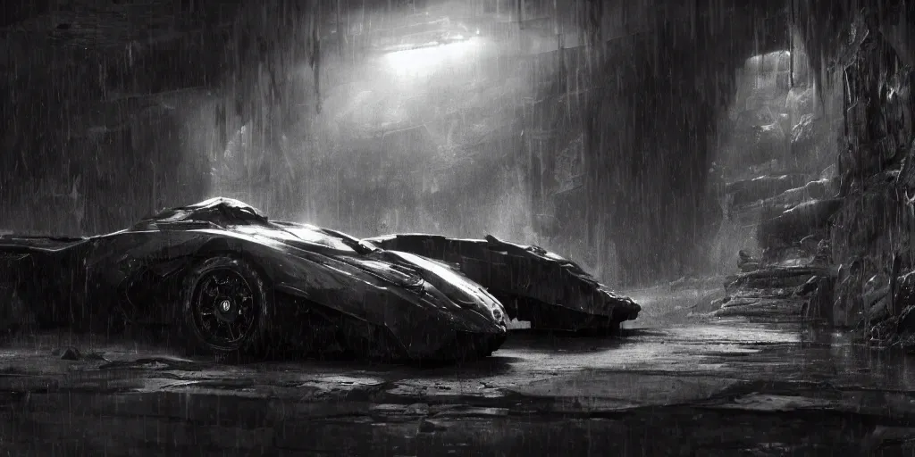 Image similar to the batmobile standing in a very dark and wet cave. highly detailed. intricate. mist. atmospheric. octane render. rim light. photoreal. 8 k. monochrome. cinematic. matte painting imagined by craig mullins and greg rutkowski. concept art, trending on artstation.