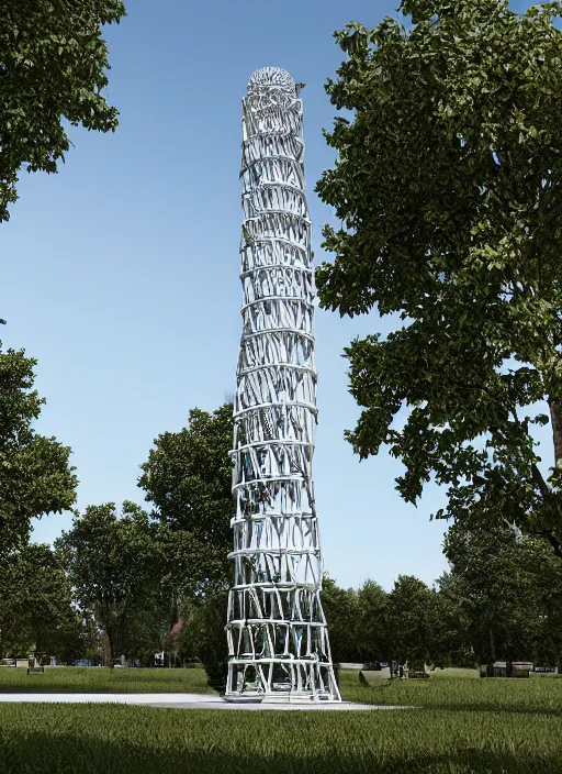 Image similar to highly detailed realistic architecture 3 d render of a spiral stele shukhov tower standing in a city park, archdaily, made in unreal engine 4 octane render