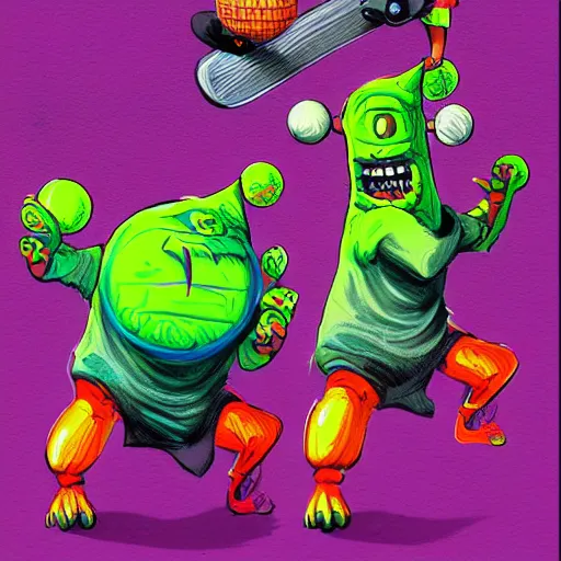 Image similar to a skateboard tennis ball monsters, colorful, digital art, fantasy, magic, chalk, trending on artstation, ultra detailed, professional illustration by basil gogos