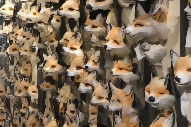 Image similar to Ceramic fox masks hanging in a museum