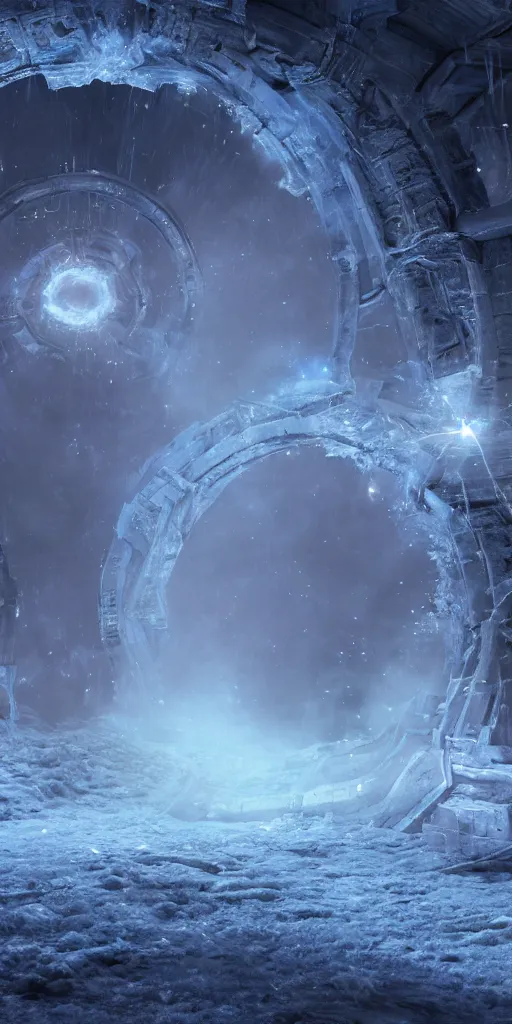 Image similar to interdimensional galaxy portal covered in frost, ice gate, volumetric light, volumetric fog, unreal engine, photorealistic, 8 k