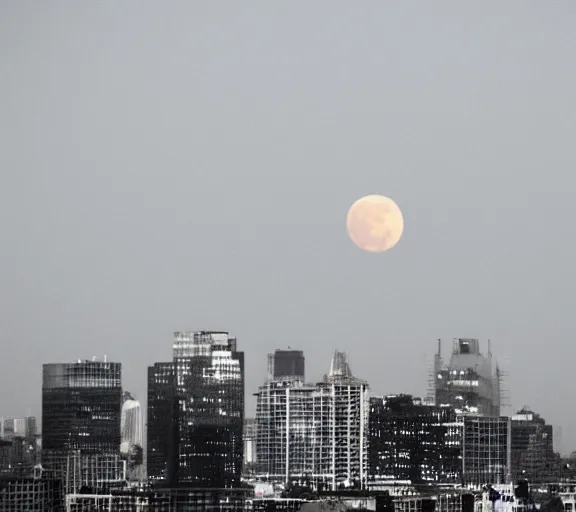 Image similar to a silhouette of a city skyline, giant moon behind city, centered, bleak, long shot, moon is centered