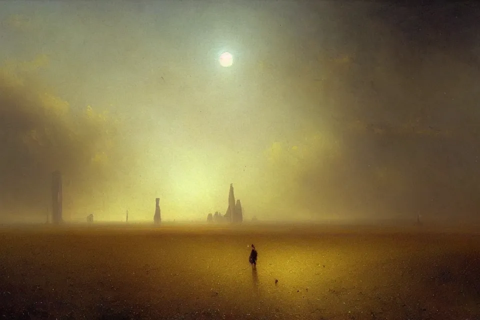 Image similar to sci-fi painting of a large alien city on the vast wheat fields, the closed back view of only one humanoid robot on the ground, by Ivan Aivazovsky, godrays, detailed