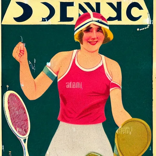 Prompt: a 1 9 2 8 cover of a danish magazine. happy, healthy, beautiful, smiling, young, sporty, glowing woman in decent athletic wear playing tennis. realistic detailed color drawing