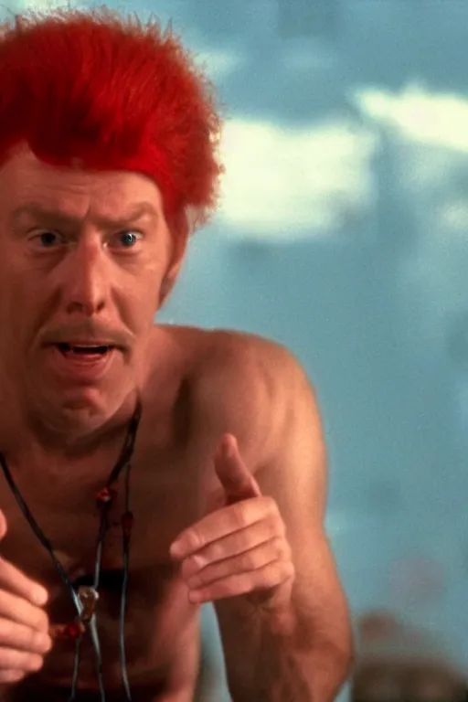 Image similar to an awkwardly tall scientist with a tangled orange bead and unruly red hair atop his balding head, high resolution film still, movie by Ivan Reitman