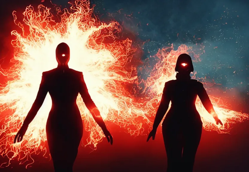 Image similar to low angle shot of a Woman made of black flames, wearing a strict business suit, with no face, with no mouth, with glowing red eyes, with a red halo over her head, with red halo, in an action pose, fiery waves around her, surrounded by war, authoritarian, tense, madness combat, strong dramatic cinematic lighting , blood red sky, harsh dark clouds, grey skin, smooth, sharp focus, extremely detailed, illustration, digital painting, artstation, sharp focus, by Godmachine and Annie Swynnerton and Nicholas Roerich