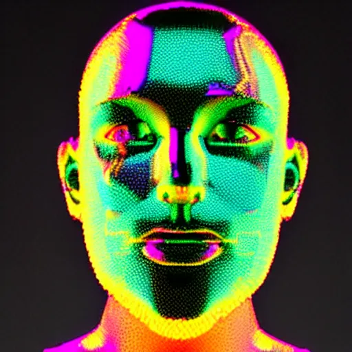 Image similar to a 3d human head made up of shiny holograms