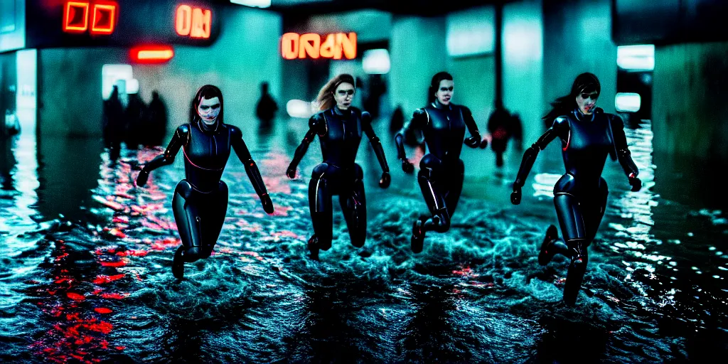 Prompt: cinestill 5 0 d candid photographic portrait by stanley kubrick of female androids sprinting wearing rugged black mesh techwear in treacherous waters, flooded city, medium closeup, retrofuturism cyberpunk moody emotional cinematic, pouring iridescent rain bright spotlight helicopter, 8 k, hd, high resolution, 3 5 mm, f / 3 2 motion blur, ultra realistic faces, ex machina