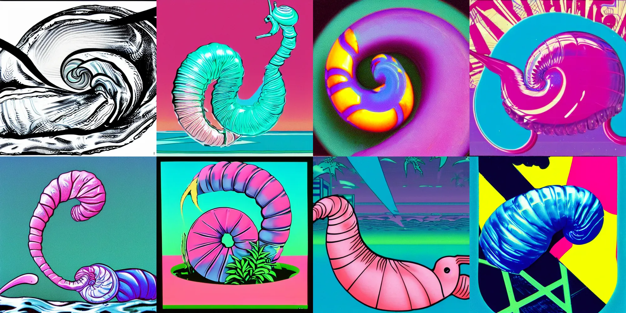 Prompt: vaporwave snail, 1980s