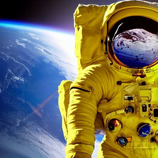 Image similar to astronaut in space, galactic background reflections on suit on one side and a yellow planet on the other side