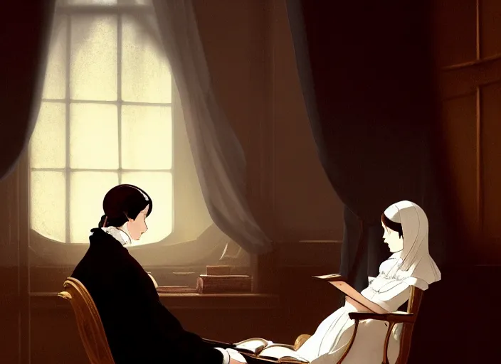 Image similar to victorian britain 1 8 3 5, adolecent florence nightingale reading in a chair in the drawing room of a english victorian manor light from a window on the left, finely detailed perfect art, gapmoe yandere grimdark, trending on pixiv fanbox, painted by greg rutkowski makoto shinkai takashi takeuchi studio ghibli