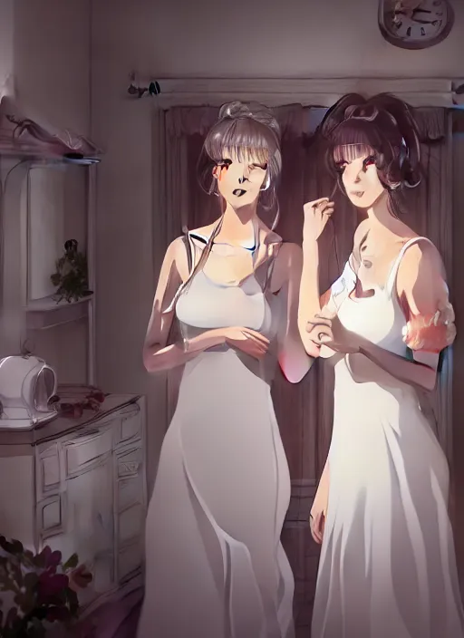 Prompt: two beautiful mature women in a summer home, wearing white dresses, gorgeous faces, cinematic lighting, detailed anime art