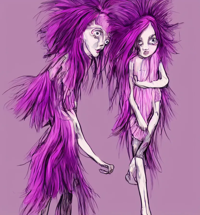 Prompt: little girl with eccentric pink hair wearing a dress made of purple feathers, anatomically perfect, concept art, cartoon art style