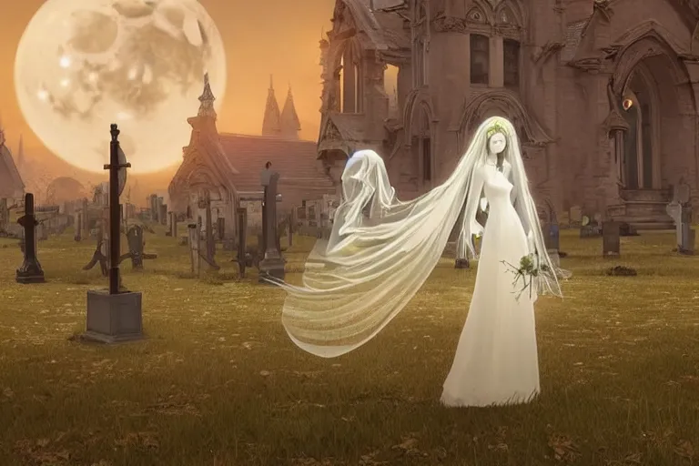 Image similar to an ultra detailed animation of a transparent ghost bride in a graveyard at midnight on halloween, digital art, dark fantasy, concept art, soulslike, by alphonse mucha, blood moon eclipse, ruined building in the background, artstation, 8 k, unreal engine render