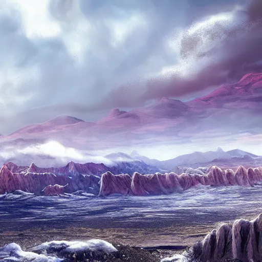 Image similar to an ice covered desert slightly visible thru enormous clouds ,concept art, illustration highly detailed artwork cinematic hyper realistic