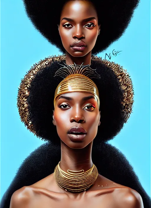 Prompt: portrait of young black woman with two stand twits, afro - futurist style, intricate, elegant gleaming jewelry, angelic halo, highly detailed, digital painting, artstation, concept art, smooth, sharp focus, illustration, art by wlop, mars ravelo and greg rutkowski
