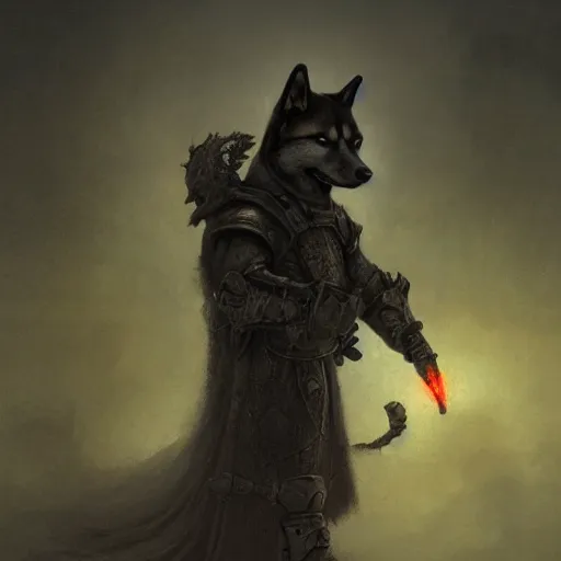 Image similar to bone armor black armor, anthropomorphic shiba inu, shiba inu face, stuning 3 d render, masterpiece, glowing black aura, foggy dark graveyard, by donato giancola and greg rutkowski and wayne barlow and zdzisław beksinski, realistic face