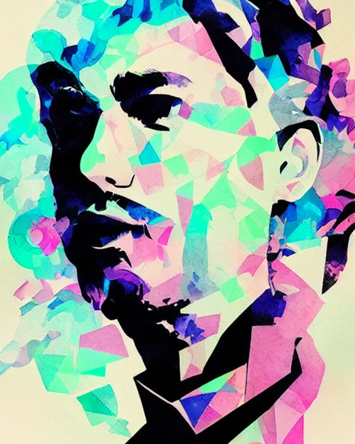 Prompt: vaporwave smoke ink portrait, shattering acrylic geometric watercolor art by victo ngai and wlop