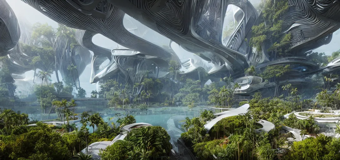 Prompt: highly detailed futuristic architecture by Félix Candela, reflective lighting, holographic, stylized vegetation, ground-level view, puddles of turquoise water, foggy atmosphere, stunning sunny lighting, sunrise, vivid colors, in the style of pixar animation, trending on Artstation, 8k, matte painting, ray tracing, hyper detailed, unreal engine 5, cinematic, epic lighting, cryengine, octane render, cyberpunk, red and orange glow, vibrant