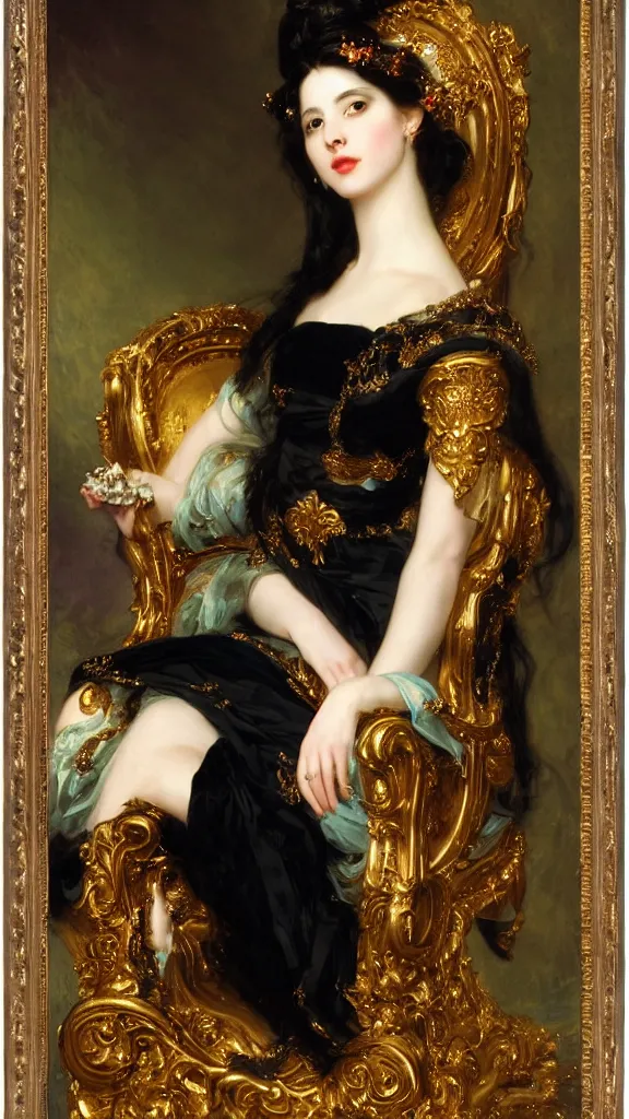 Image similar to a beautiful black haired woman with pale skin and a crown on her head sitted on an intricate metal throne by franz xaver winterhalter and delphin enjolras and rebecca guay