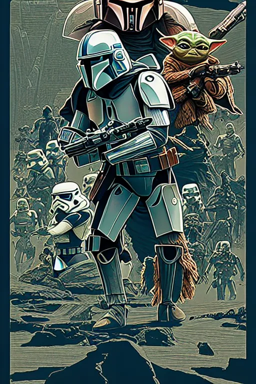 Image similar to poster of the the mandalorian, baby yoda, stormtrooper, intricate, volumetric lighting, moebius, geof darrow, frank miller, dan mumford, detailed illustration, digital art