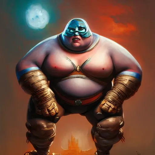 Image similar to a insanely detailed painting of an overweight masked superhero wearing a costume that's too small, staring at the computer nervously clicking on the mouse in the style of peter mohrbacher, dramatic lighting and composition, trending on artstation, concept art, comic book