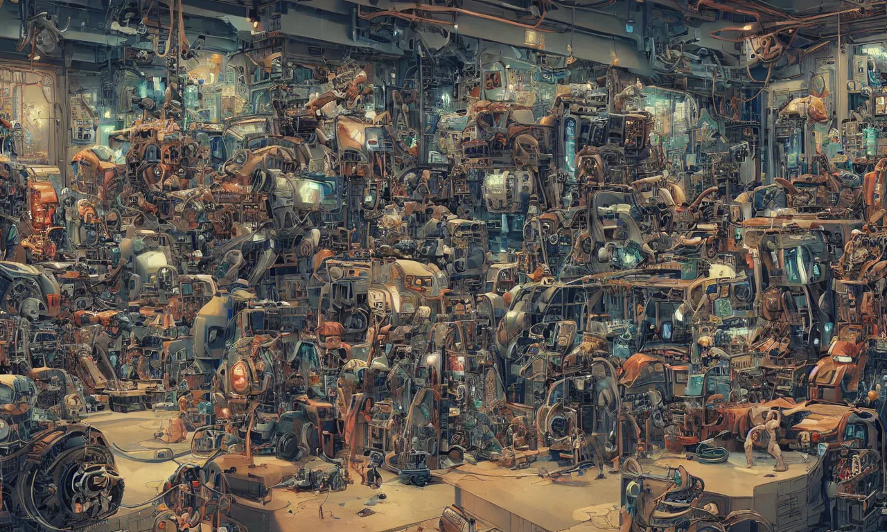 Prompt: an extremely cluttered machine repair shop in 2067, art by Josan Gonzales and Dan Hillier, extremely detailed, fine detail, 8K