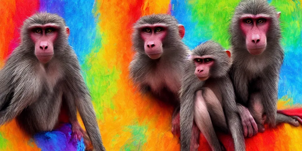 Prompt: colorful baboons sitting side by side starring directly into the camera with colorful feather background, highly detailed, intricate, digital painting, trending on artstation, concept art, matte painting, art by greg rutkwowski, craig mullins, octane render, 8 k, unreal engine