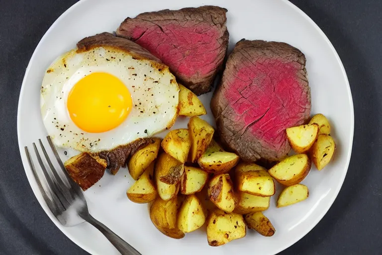 Image similar to a delicious looking plate of steak and eggs, with perfectly seasoned potatoes and breakfast hash browns