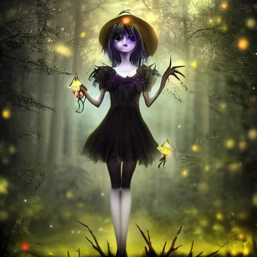 Image similar to focus portrait of beautiful darkness witch 3D anime girl, dark forest background, snowing, bokeh, inspired by Tim Burton, digital painting, unreal engine render, volumetric light, high détail