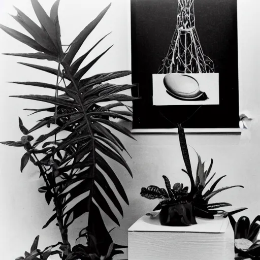 Image similar to A black and white photography of an exhibition space with objects of Sun Ra, Marcel Duchamp and tropical plants, 60s, offset lithography print, close up shot