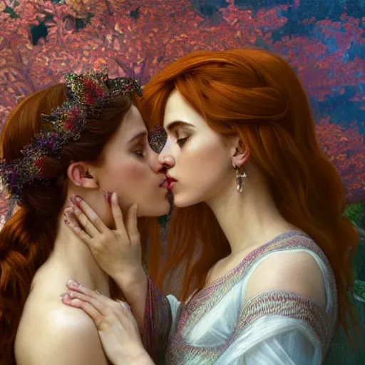 Prompt: a highly detailed byzantine painting of scarlett johansson and emma watson as red haired queens sharing a soft kiss under a waterfall in a gossamer purple dress, epic fantasy, viewed in profile from far away, ultrawide lens, art by artgerm and greg rutkowski and alphonse mucha, volumetric lighting, 4 k resolution, trending on artstation, masterpiece