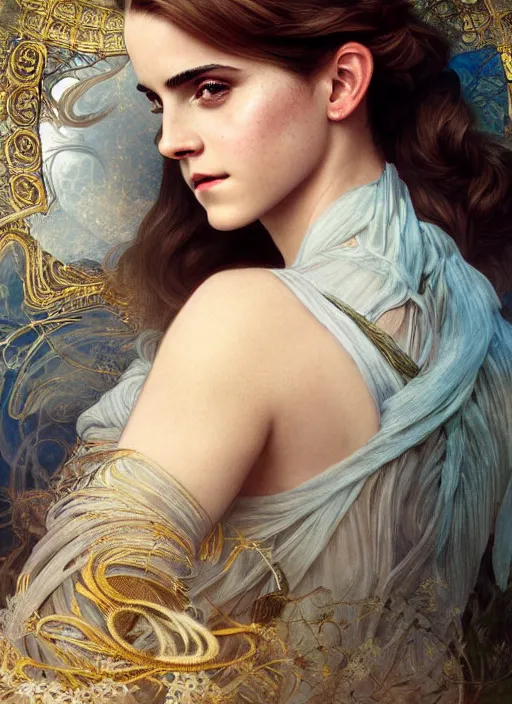 Image similar to Emma Watson as Driada, detailed photograph intricate insanely detailed octane render, 8k artistic photography, photorealistic, full body shot, cute, fantasy, intricate, elegant, highly detailed, digital painting, 4k, HDR, concept art, smooth, sharp focus, illustration, art by alphonse mucha,artgerm, H R Giger