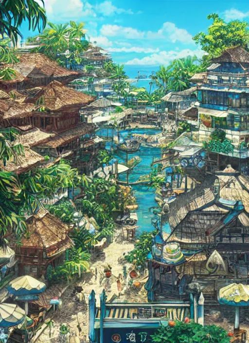 Prompt: Fantasy tropical port town. hidari, color page, tankoban, 4K, tone mapping, Akihiko Yoshida.