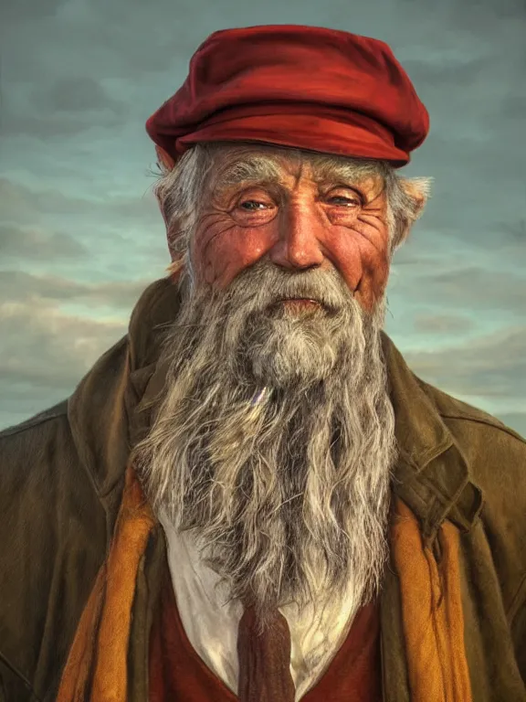 Image similar to realistic renderings portrait of very old fisher man portrait with a hat, port scene background, astonishing scenes, detailed, photorealism, volumetric lighting, autumn lights colors, ultra detailed