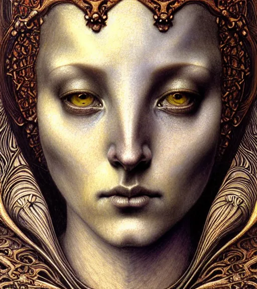 Image similar to detailed realistic beautiful young medieval alien queen face portrait by jean delville, gustave dore and marco mazzoni, art nouveau, symbolist, visionary, gothic, pre - raphaelite, iridescent fractal details. horizontal symmetry by zdzisław beksinski, iris van herpen, raymond swanland and alphonse mucha. highly detailed, hyper - real, beautiful