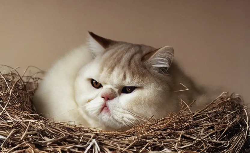 Prompt: david attenborough in a nest. documentary, exotic shorthair cat with it's eggs, mother cat, fluffy cat, national geographic, strange, photorealistic