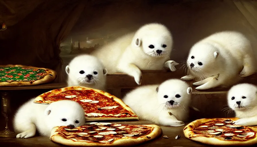 Image similar to highly detailed painting of cute furry white baby seals having a pizza party by william turner, by greg rutkowski, by william constable, thick brush strokes and visible paint layers, 4 k resolution