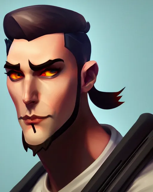 Image similar to overwatch concept art character portrait of a new character who is a young pale man with slicked back hair with soul patch beard and long crooked nose and gaunt cheeks, trending on artstation, cgsociety,