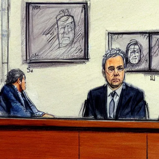 Prompt: Alvaro Uribe Vélez in court, detailed court drawing