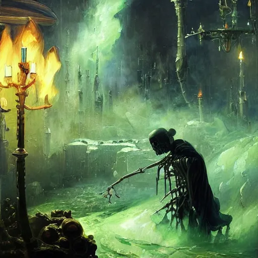 Image similar to A highly detailed oil painting by Greg Rutkowski and Afremov of a skeleton wearing black robes making a potion glowing bright green in a huge bubbling cauldron, highly detailed fantasy concept artwork, very realistic.