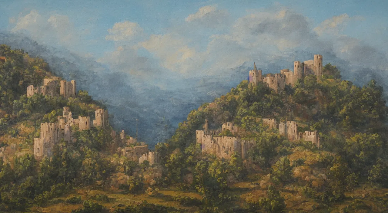 Image similar to a landscape painting of a byzantine castle