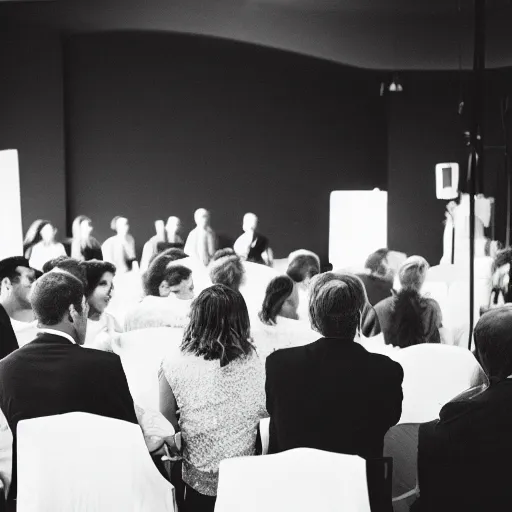 Prompt: Onis at the conference, 35mm film grain, intricate, high contrast, studio lighting