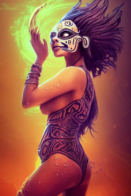 Image similar to a centered full body render of an alluring goddess wearing a tribal mask surrounded by a underwater ink pour and flowing liquid galiumand sacread geometry, perfect face, powerful, cinematic, beautifully lit, by artgerm, by viktoria gavrilenko, 3 d, trending on artstation, octane render, 8 k