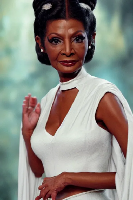 Prompt: photorealistic!! adult nichelle nichols as princess leia, white regal gown, hair buns, lt uhura film quality