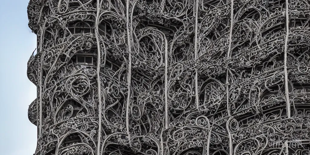 Prompt: elevational photograph of a modern building by Louis Sullivan and H.R. Giger covered in black ironwork vines, Sigma 75mm, ornate, very detailed, hyperrealistic, liminalspaces, Symmetrical composition, centered, intricate, Extreme Long Shot, Dynamic Range, HDR, chromatic aberration, Orton effect, 8k