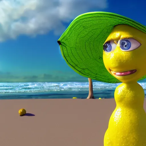 Image similar to 3 d octane render, of a hot anthropomorphic lemon female character inspired by the movie monsters inc, with lemon skin texture, she is wearing a hat, building a sandcastle on the beach at sunset, beach, huge waves, sun, clouds, long violet and green trees, rim light, cinematic photography, professional, sand, sandcastle, volumetric lightening