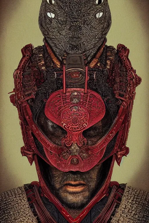 Prompt: digital face portrait painting of a male samurai warrior magus by yoshitaka amano, victo ngai, terese nielsen, samurai armour by h. r. giger, in the style of dark - fantasy, intricate detail, skull motifs, red, bronze, artgerm